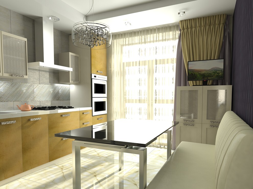 Интерьер кухни с объединенной гостиной, окном, кухней у окна и с кабинетом в неоклассике