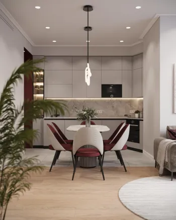 Интерьер кухни cветильниками над столом  смотреть на Basicdecor