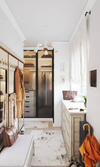 Интерьер с гардеробной и проходной в неоклассике смотреть на Basicdecor