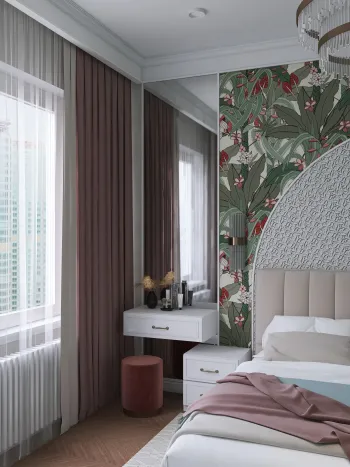 Интерьер спальни с акцентными обоями за кроватью  смотреть на Basicdecor