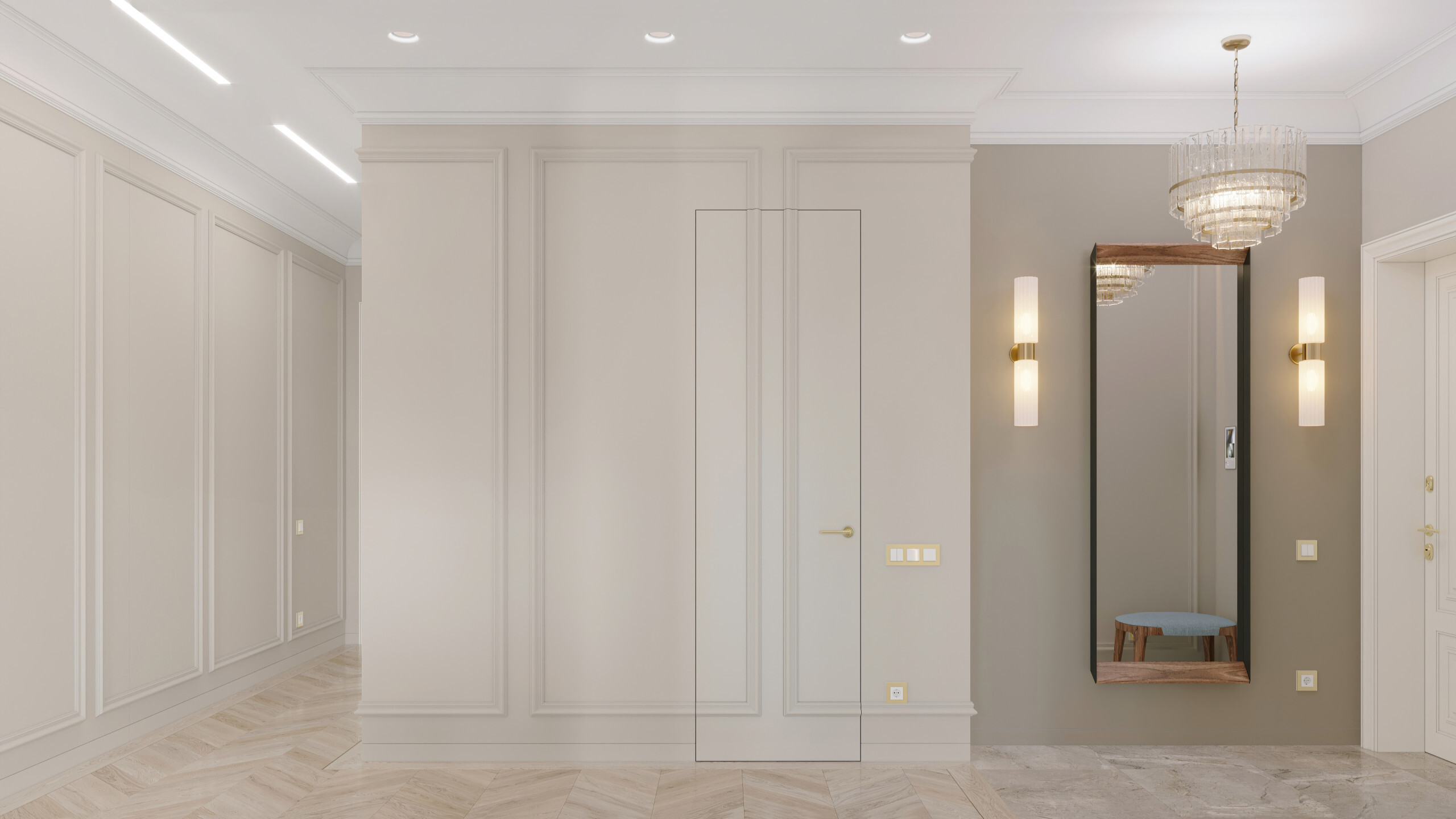 Интерьер коридора c рабочим местом, зеркалом на двери и подсветкой настенной в классическом стиле