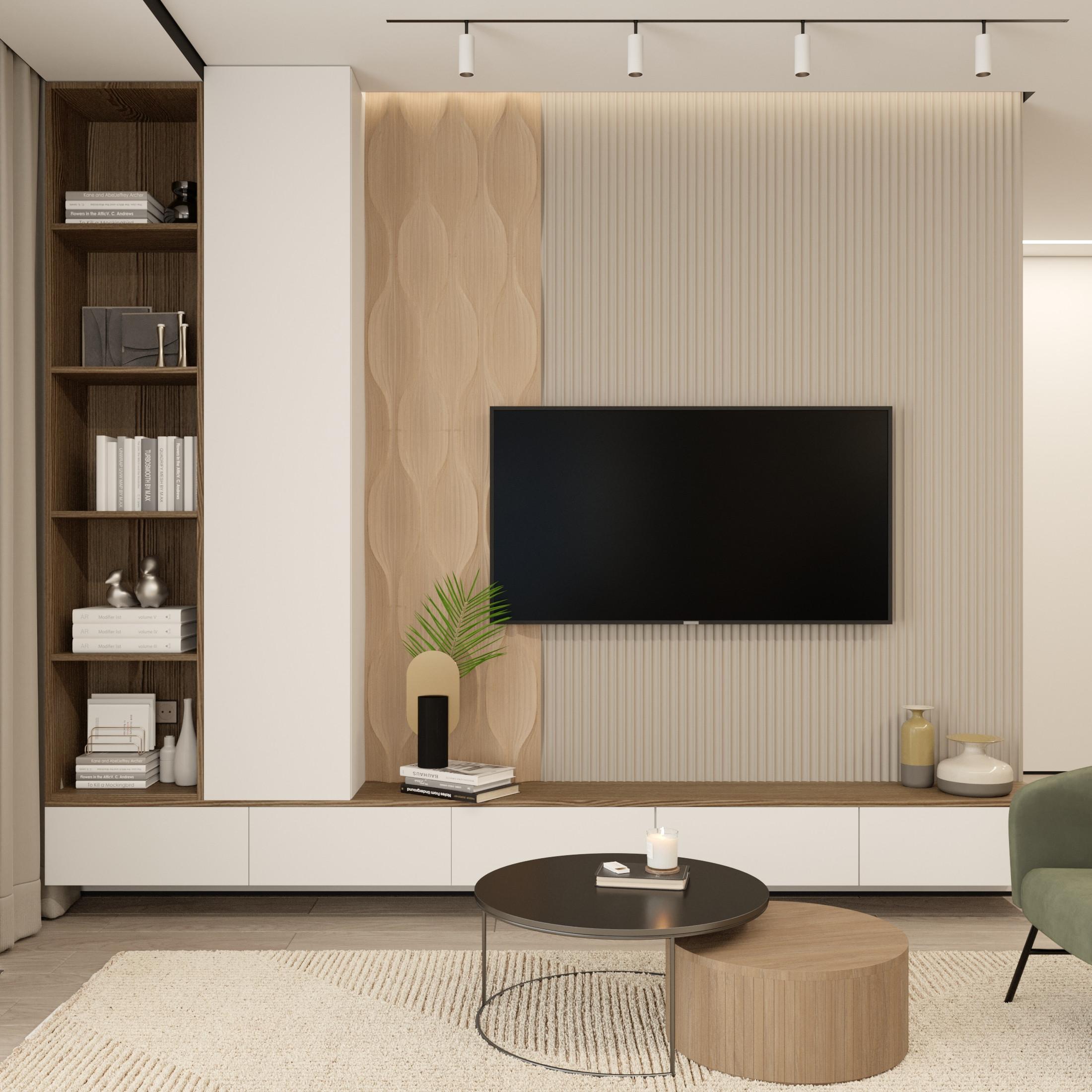 Интерьер гостиной с панно за телевизором, стеной с телевизором, телевизором на рейках, телевизором на стене и керамогранитом на стену с телевизором в современном стиле