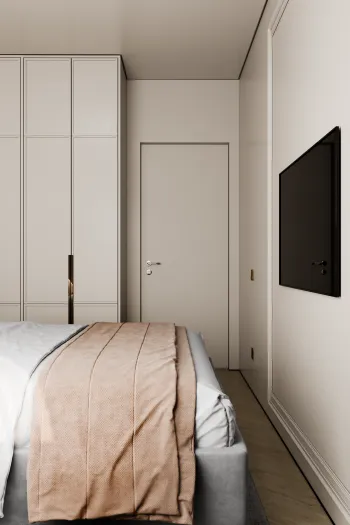 Интерьер спальни с телевизором на стене  смотреть на Basicdecor