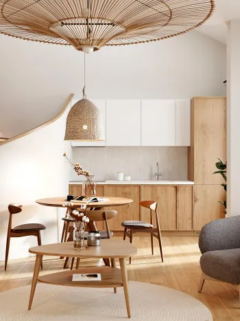 Интерьер кухни cветильниками над столом  смотреть на Basicdecor