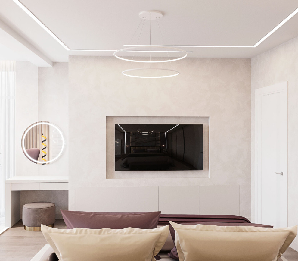 Интерьер гостиной с рейками с подсветкой, подсветкой настенной и подсветкой светодиодной в современном стиле