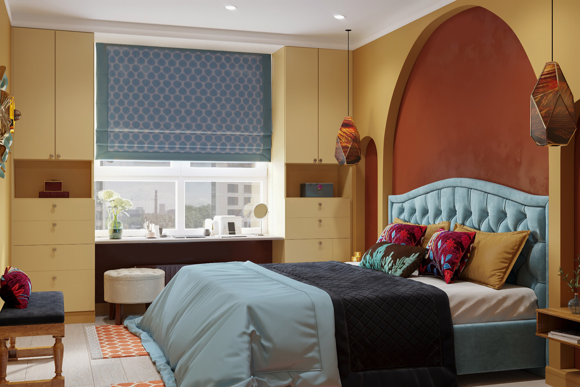 Интерьер спальни с жалюзи в современном стиле