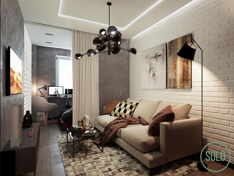 Интерьер гостиной с проходной, подсветкой настенной, подсветкой светодиодной и с подсветкой в современном стиле и в стиле лофт