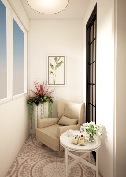 Интерьер балкона с окном, балконом и панорамными окнами в стиле шебби-шик и французском