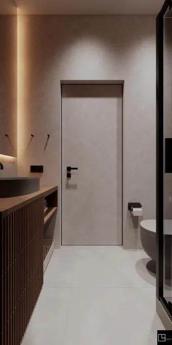 Интерьер ванной с зеркалом на двери  смотреть на Basicdecor