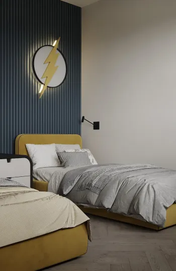 Интерьер детской cветильниками над кроватью и две кровати  смотреть на Basicdecor