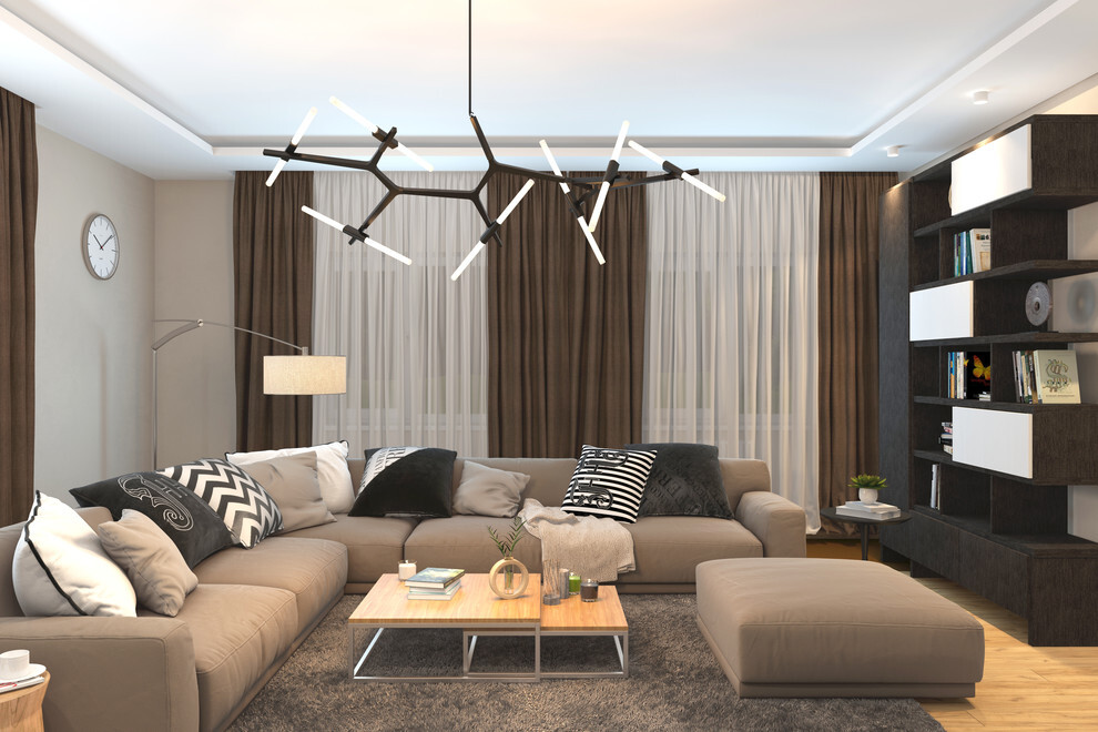 Интерьер гостиной с рейками с подсветкой и подсветкой светодиодной в современном стиле