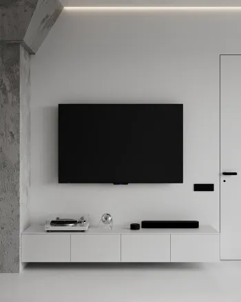 Интерьер гостиной с телевизором в углу, телевизором на стене и нишей для телевизора  смотреть на Basicdecor