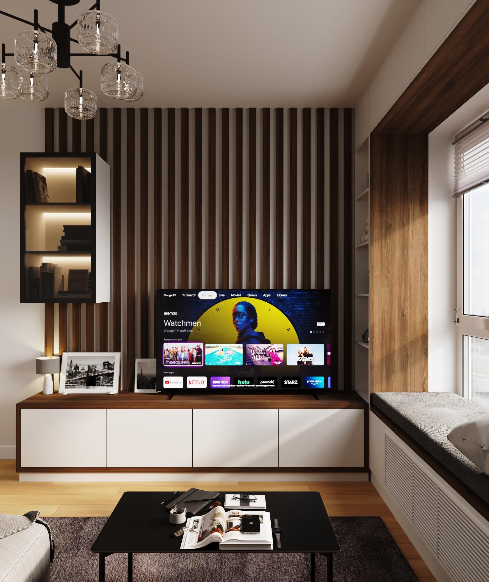 Интерьер гостиной с панно за телевизором, стеной с телевизором, телевизором на стене и керамогранитом на стену с телевизором