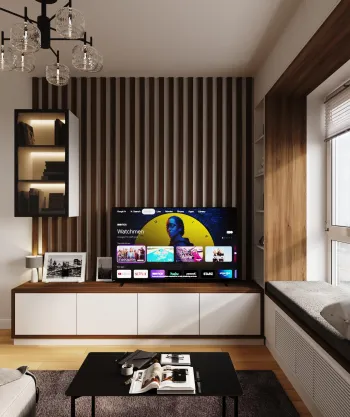 Интерьер гостиной с телевизором на стене  смотреть на Basicdecor