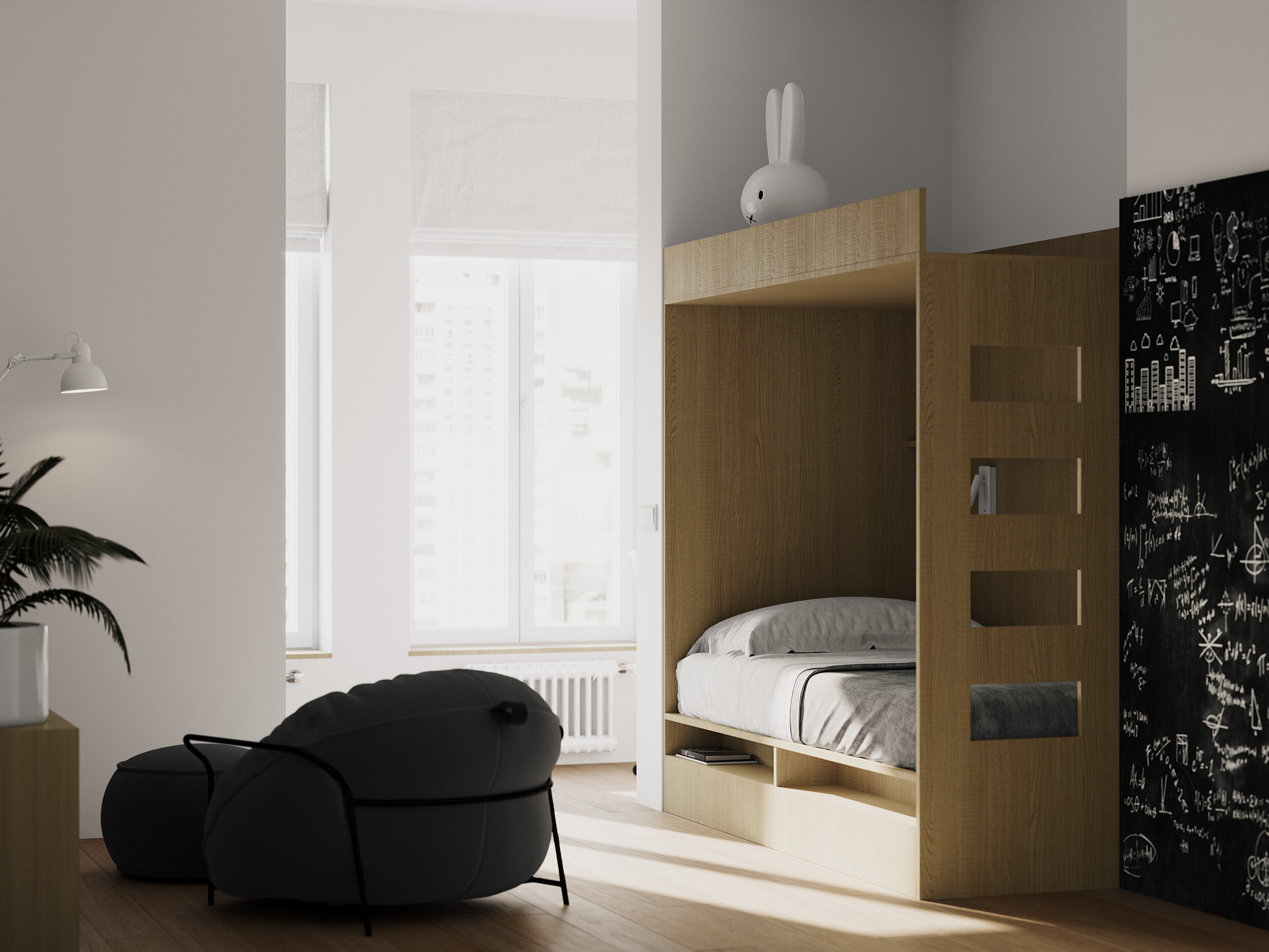 Интерьер спальни с кроватью в нише и кроватью между шкафами в современном стиле