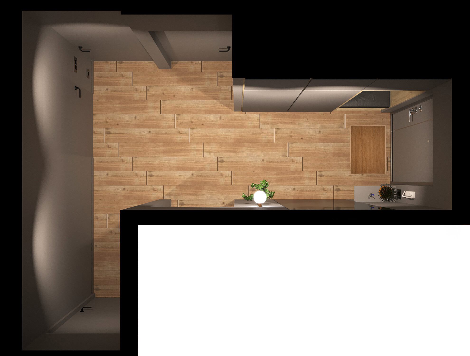 Интерьер кухни cауной, с кабинетом, с антресолью и open space в современном стиле и в стиле лофт