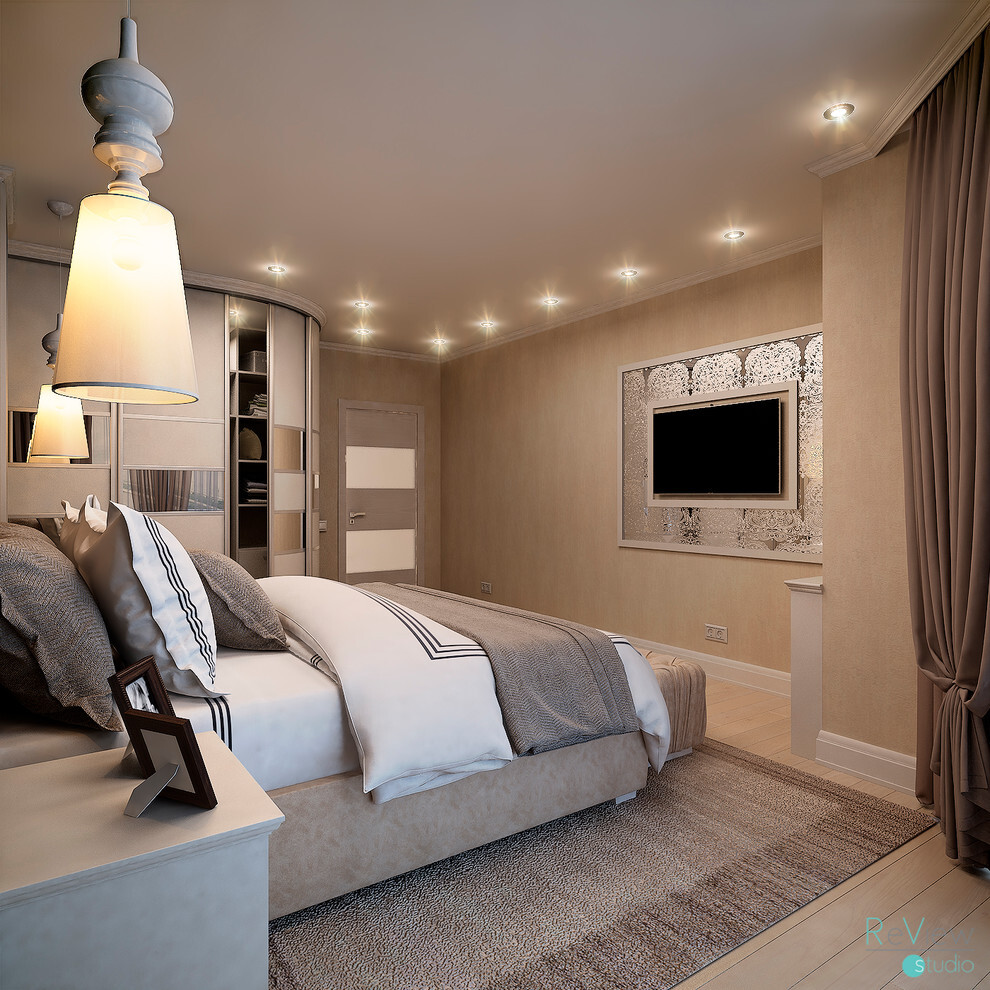 Интерьер спальни с нишей с подсветкой, подсветкой настенной, подсветкой светодиодной, светильниками над кроватью и с подсветкой