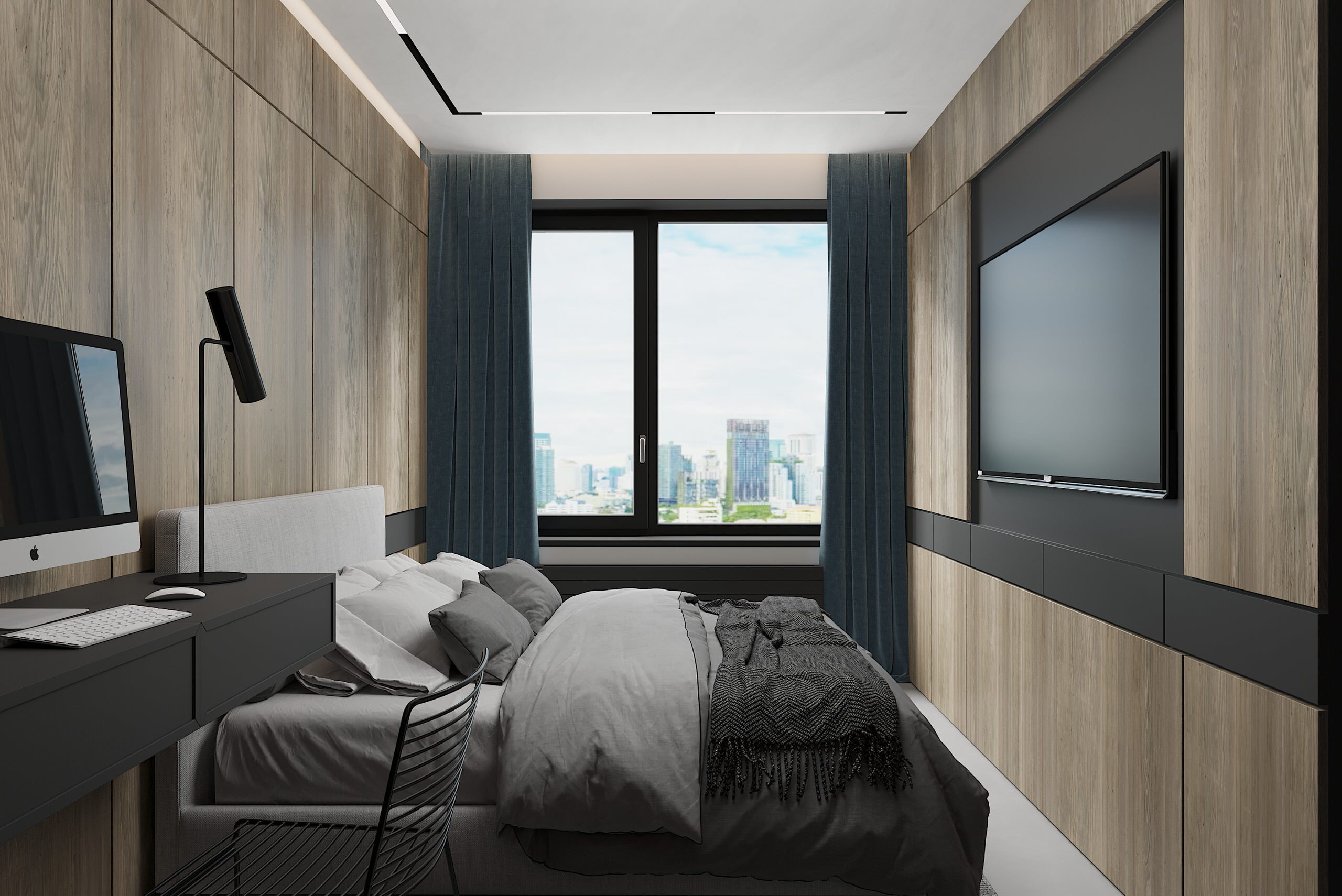 Интерьер спальни с керамогранитом на стену с телевизором, подсветкой настенной и светильниками над кроватью в современном стиле и в стиле лофт