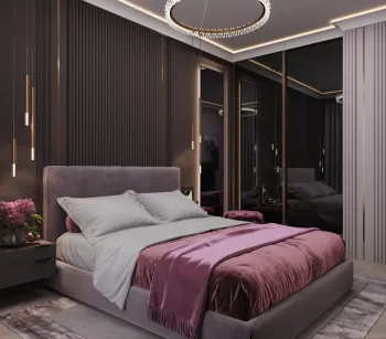 Интерьер спальни cветильниками над кроватью и с подсветкой  смотреть на Basicdecor
