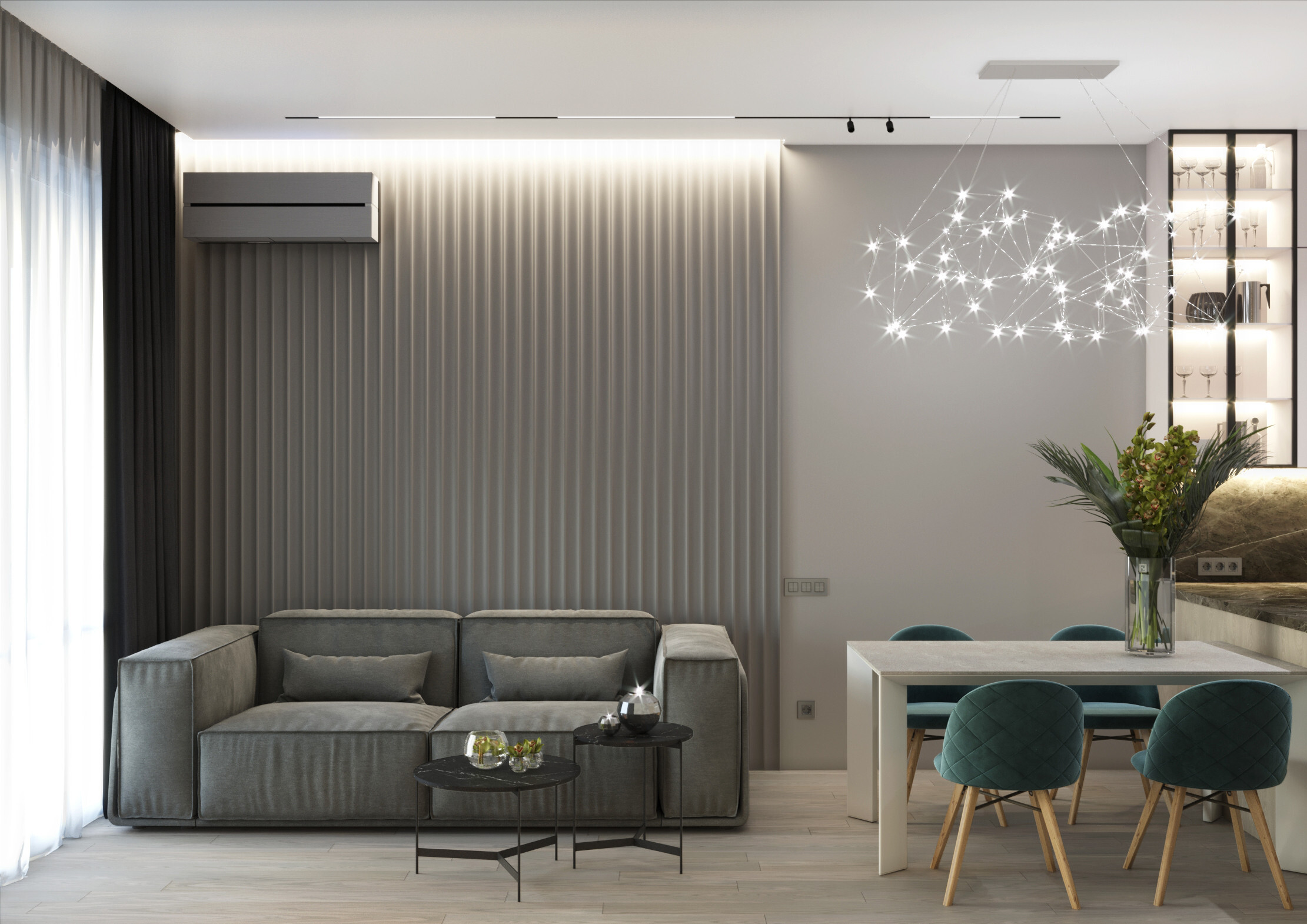Интерьер гостиной cветовыми линиями, рейками с подсветкой, подсветкой настенной, подсветкой светодиодной и с подсветкой в современном стиле