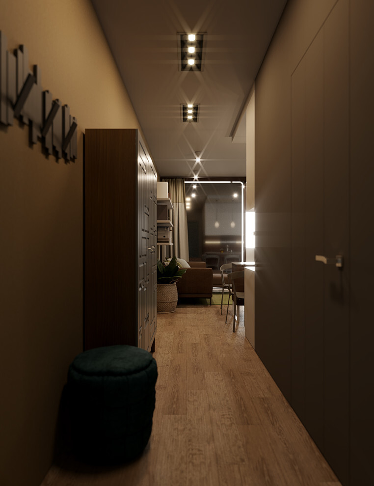 Интерьер коридора с проходной, рейками с подсветкой, подсветкой настенной, подсветкой светодиодной и с подсветкой в современном стиле
