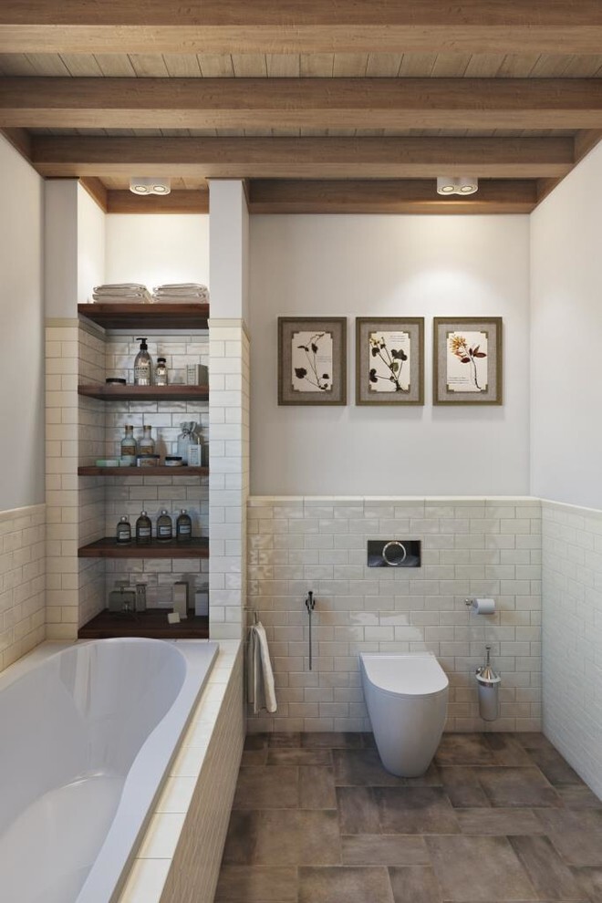 Интерьер ванной с нишей из плитки в стиле лофт и в стиле кантри