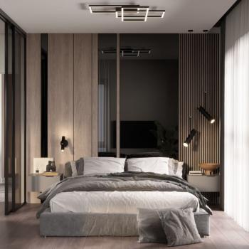 Интерьер спальни cветовыми линиями, кроватью под потолком, бра над кроватью, светильниками над кроватью, шкафом над кроватью и с подсветкой в современном стиле, в стиле лофт, минимализме, эко и контемпорарях
