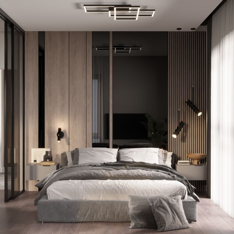 Интерьер спальни с кроватью под потолком, бра над кроватью, светильниками над кроватью, шкафом над кроватью и с подсветкой в современном стиле, в стиле лофт, минимализме, эко и контемпорарях