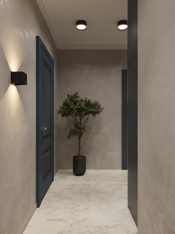 Интерьер коридора с проходной, световыми линиями, подсветкой настенной и подсветкой светодиодной в современном стиле