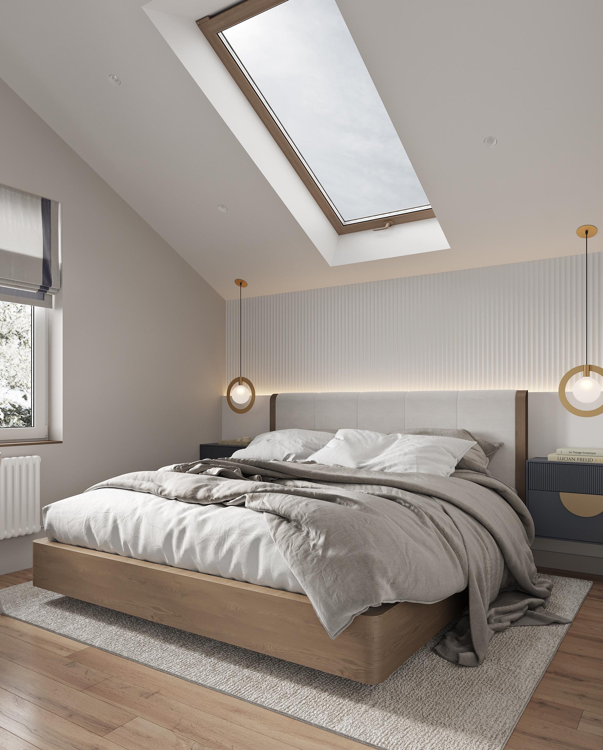 Интерьер спальни с окном, световыми линиями и светильниками над кроватью в стиле лофт