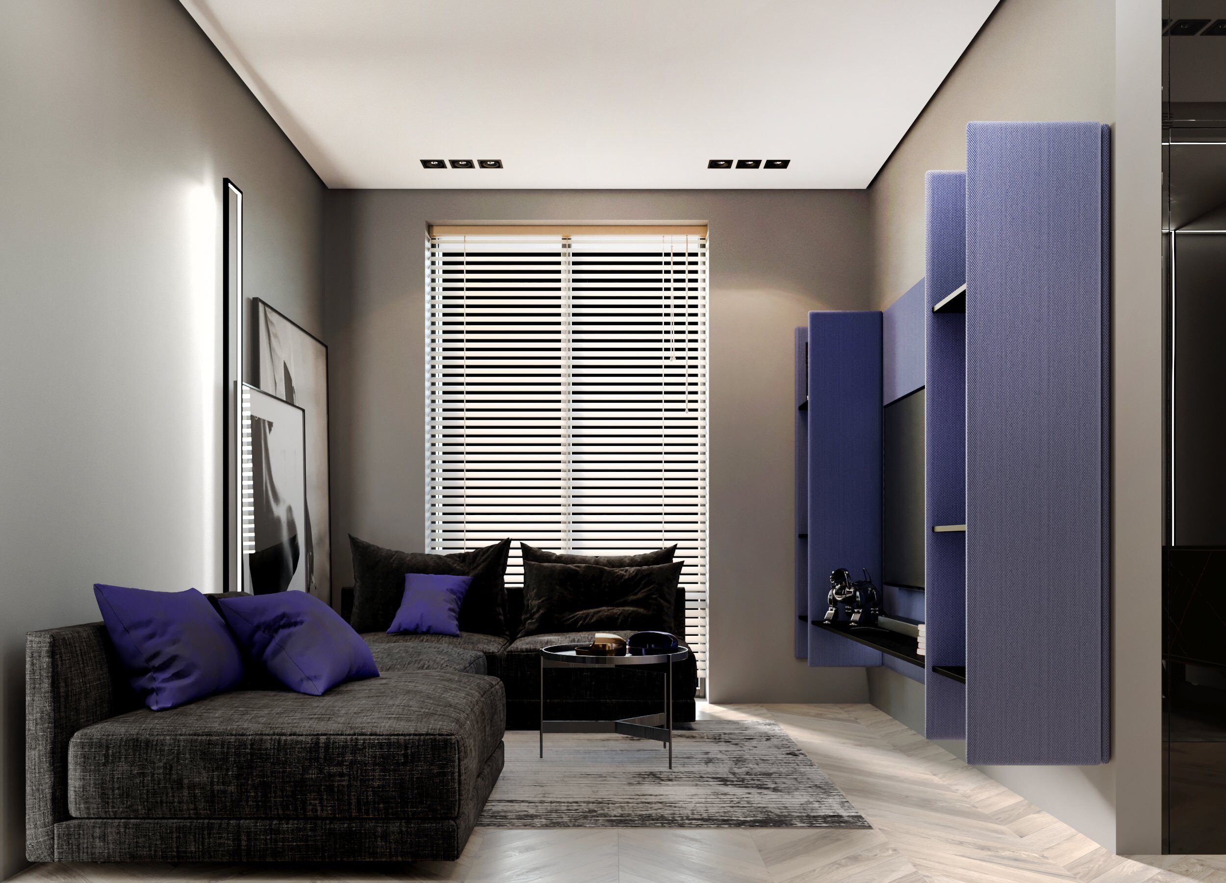 Интерьер гостиной с жалюзи, вертикальными жалюзи и дверными жалюзи в современном стиле