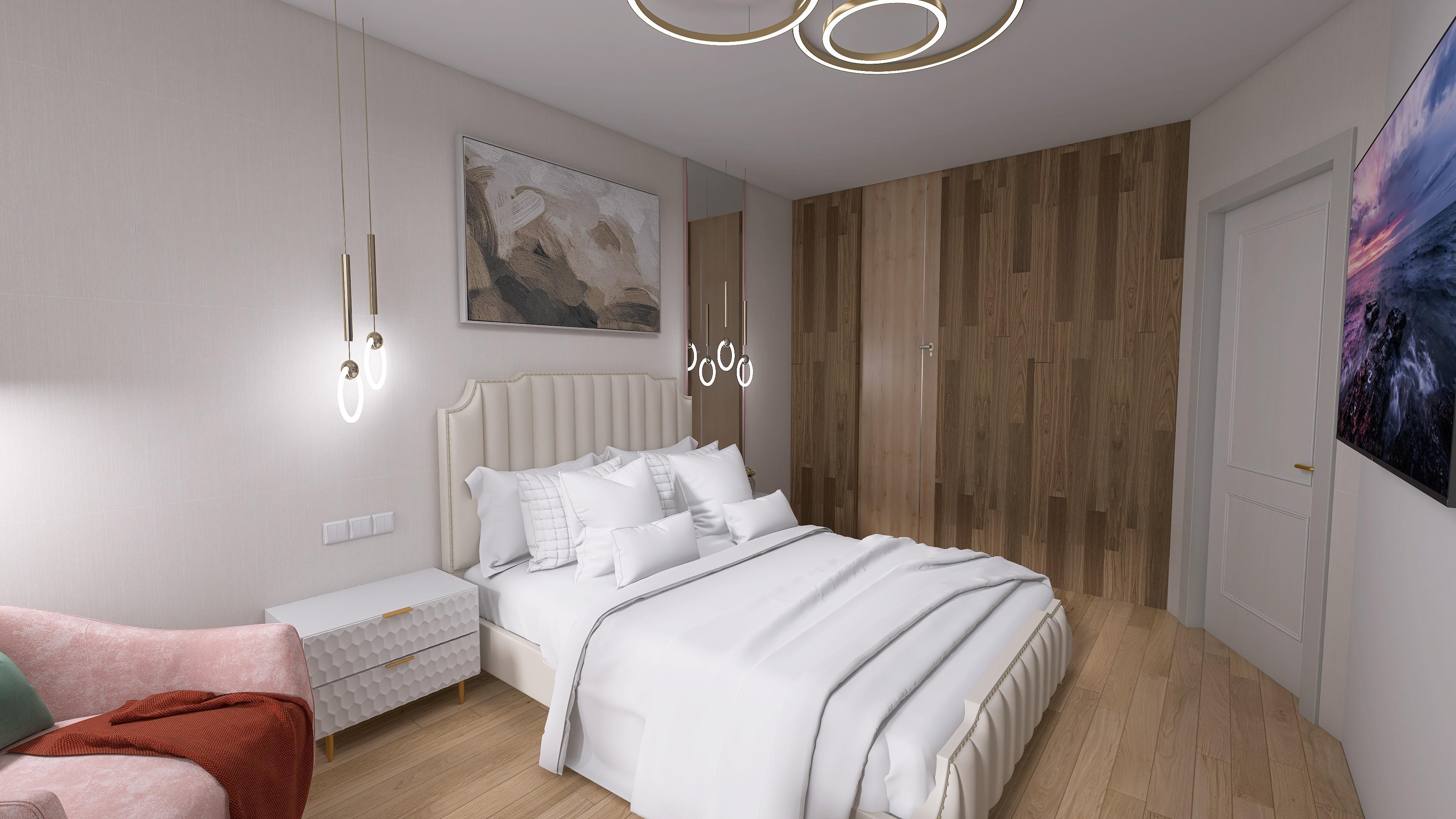 Интерьер спальни cветовыми линиями, подсветкой настенной, подсветкой светодиодной и светильниками над кроватью