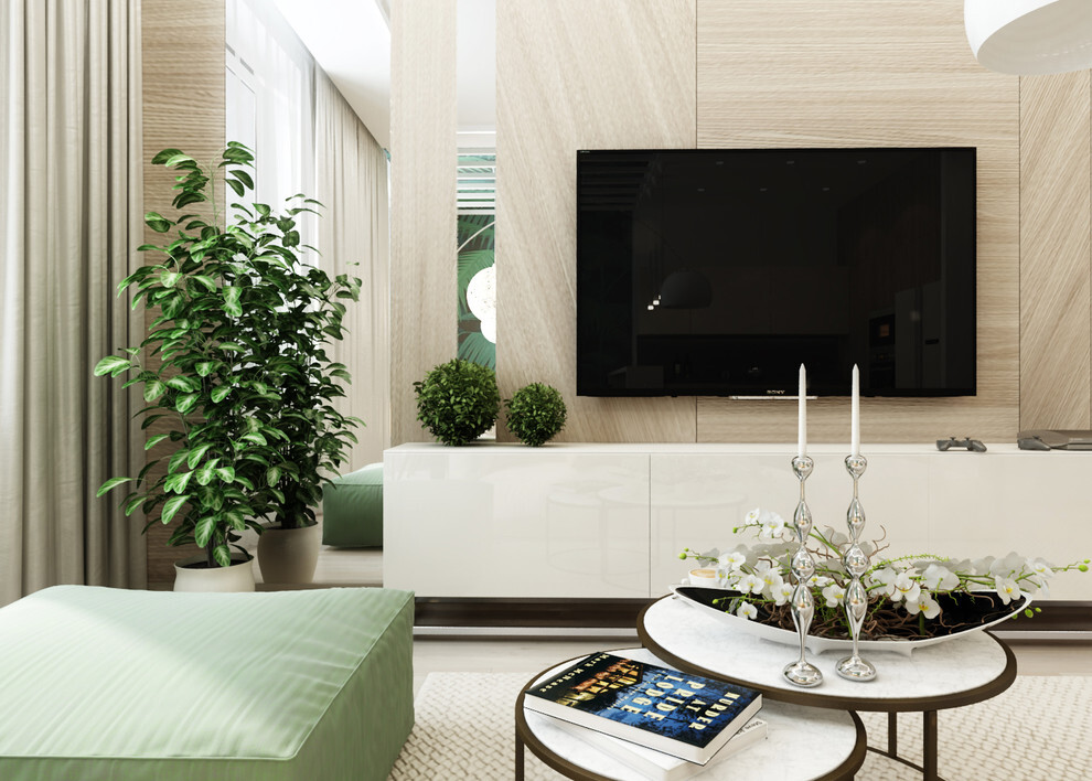 Интерьер гостиной с керамогранитом на стену с телевизором в современном стиле