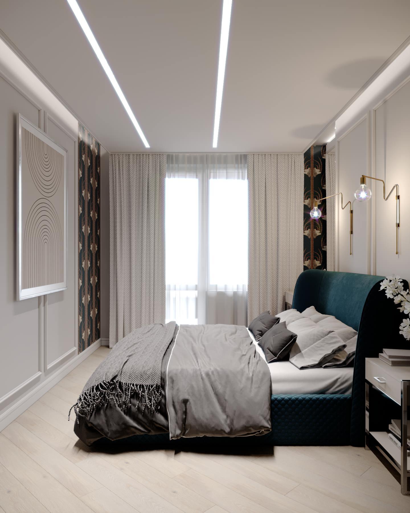 Интерьер спальни с нишей с подсветкой, световыми линиями, рейками с подсветкой, подсветкой настенной, подсветкой светодиодной, светильниками над кроватью и с подсветкой в неоклассике