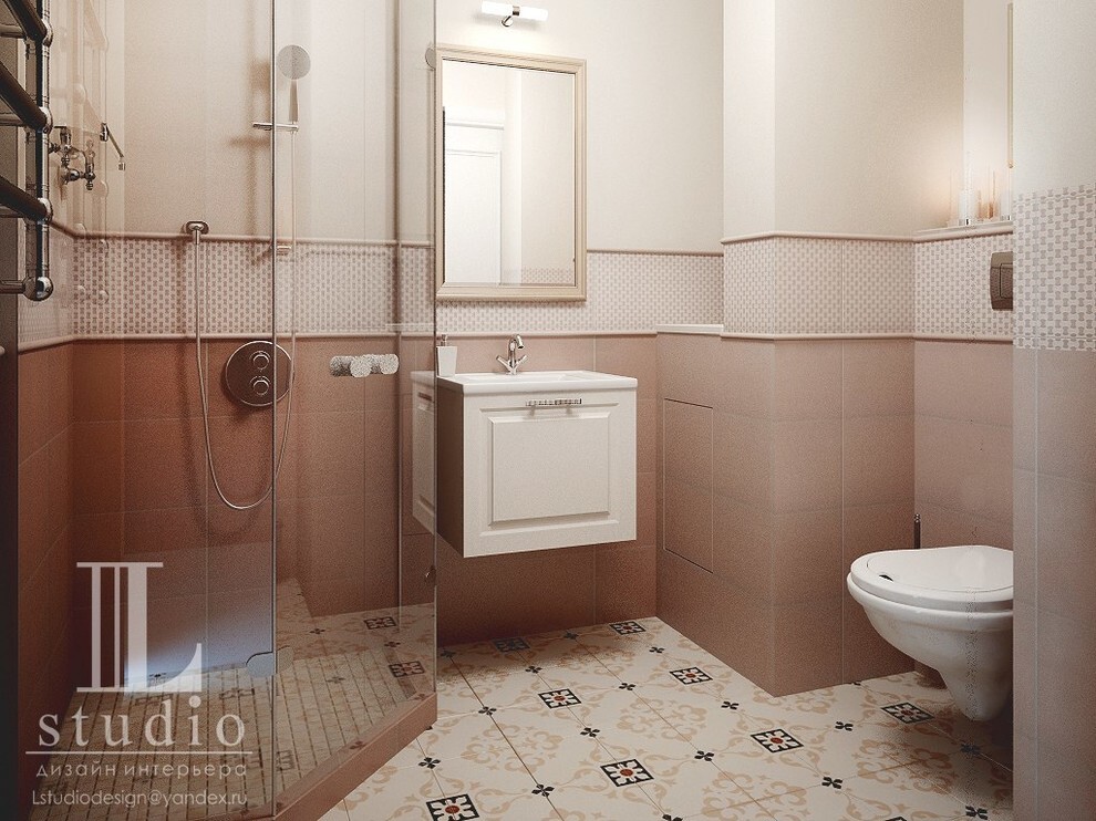 Интерьер ванной с душевой из плитки и совмещенным санузлом в неоклассике, в стиле лофт и в стиле кантри