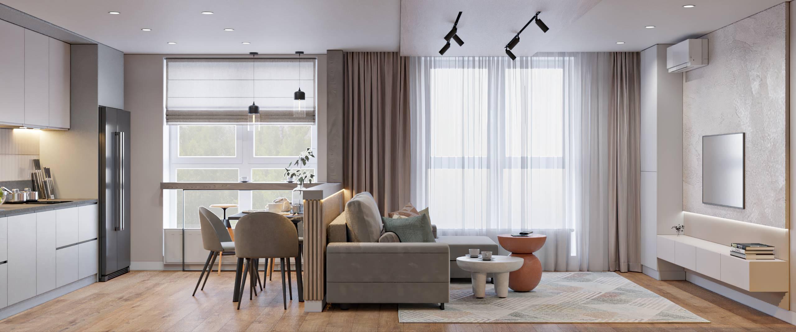 Интерьер гостиной с жалюзи и вертикальными жалюзи в современном стиле