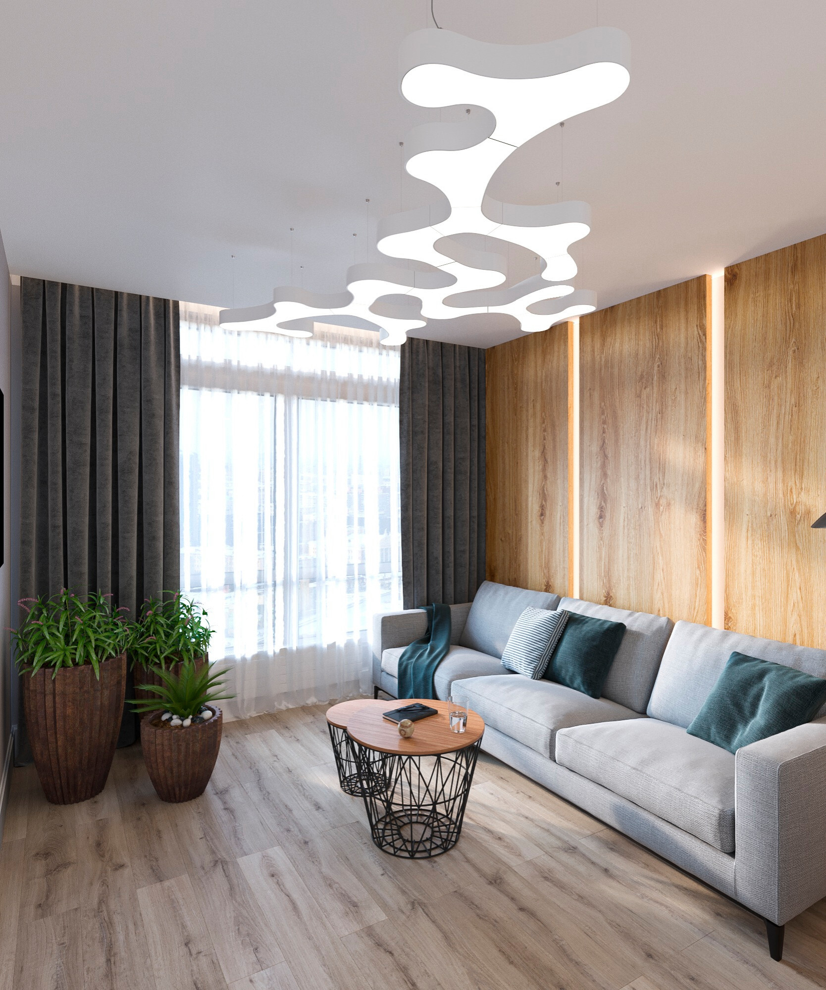 Интерьер гостиной с рейками с подсветкой, подсветкой светодиодной и с подсветкой в современном стиле