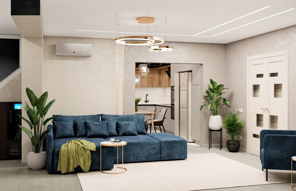 Интерьер гостиной cветовыми линиями, рейками с подсветкой и подсветкой светодиодной в современном стиле