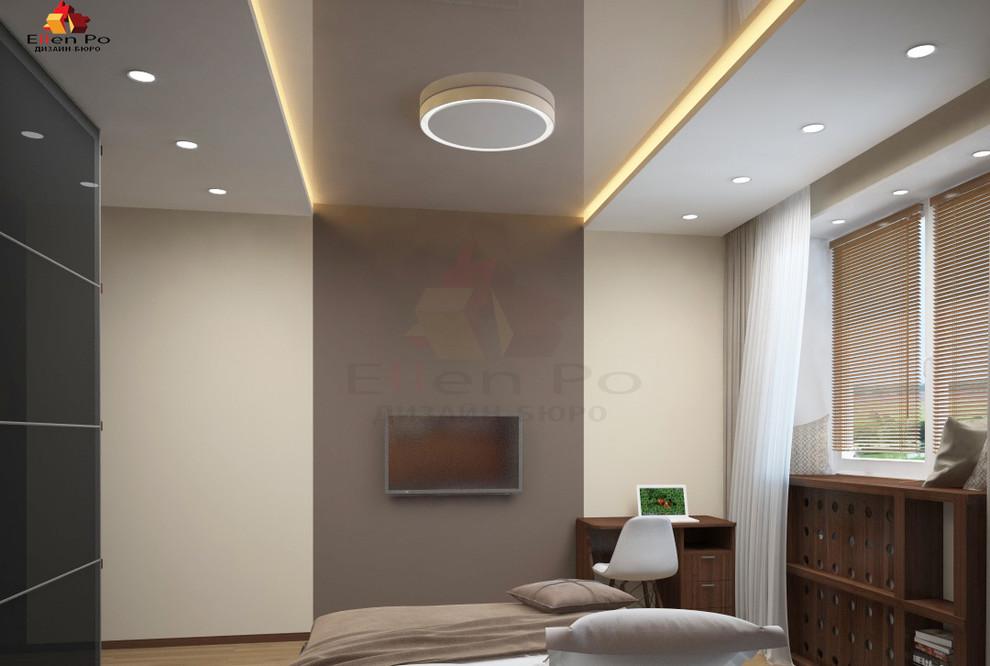 Интерьер с рейками с подсветкой, подсветкой настенной, подсветкой светодиодной, светильниками над кроватью и с подсветкой в стиле лофт