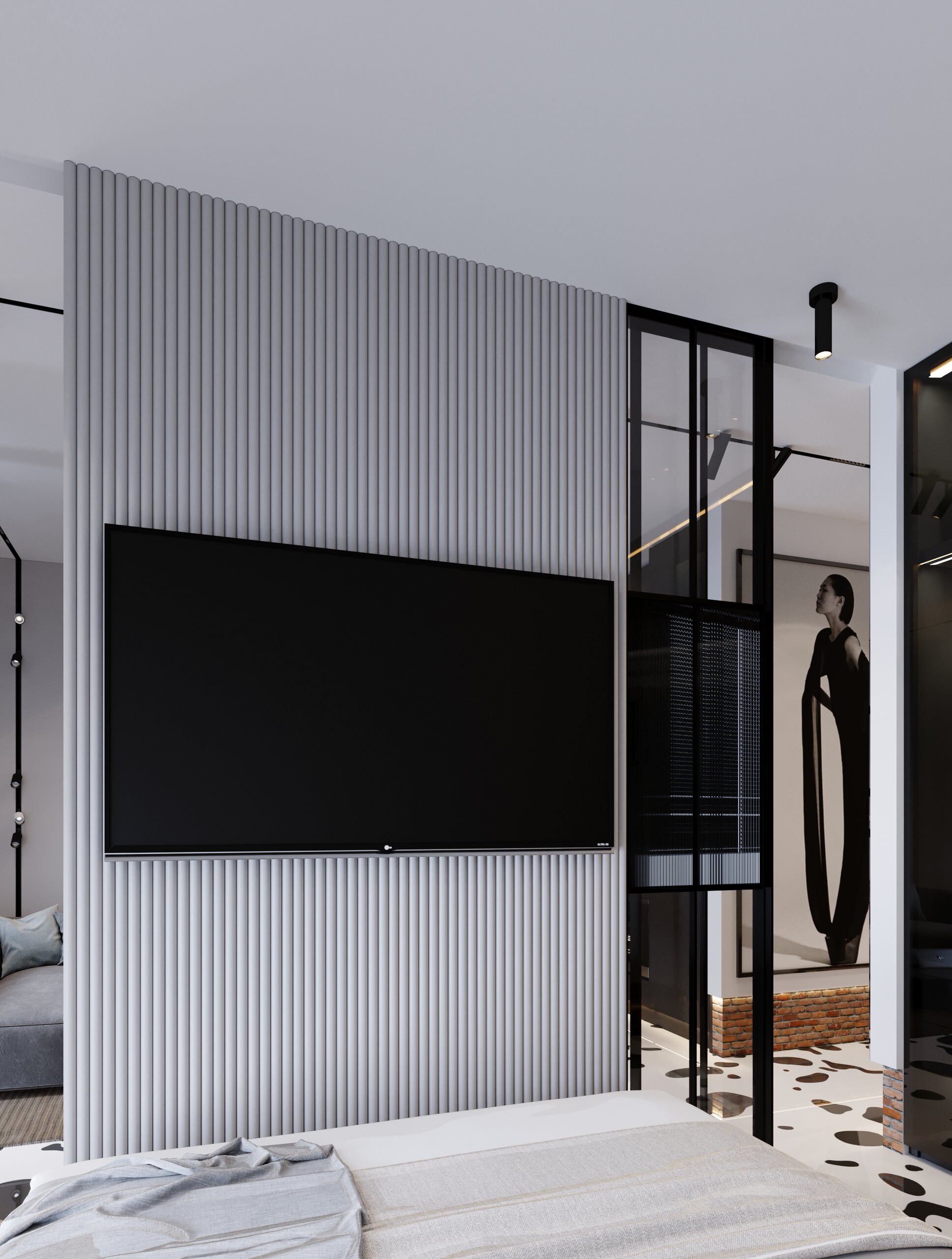 Интерьер прихожей cтеной с телевизором, телевизором на рейках, телевизором на стене и керамогранитом на стену с телевизором в современном стиле