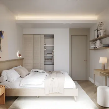 Интерьер с нишей с подсветкой, световыми линиями, подсветкой светодиодной, светильниками над кроватью и с подсветкой  смотреть на Basicdecor