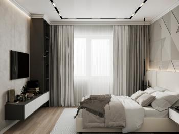 Интерьер спальни cветовыми линиями, бра над кроватью, подсветкой светодиодной, светильниками над кроватью и с подсветкой в современном стиле