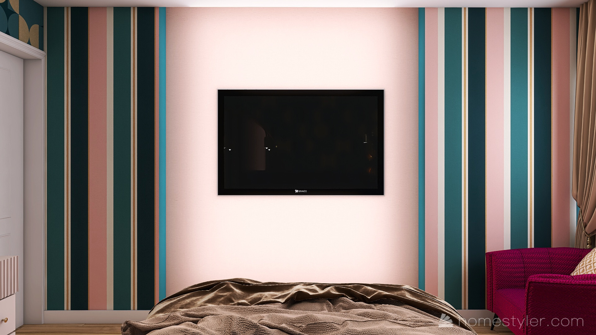 Интерьер спальни cтеной с телевизором, телевизором на стене, нишей для телевизора и керамогранитом на стену с телевизором в современном стиле