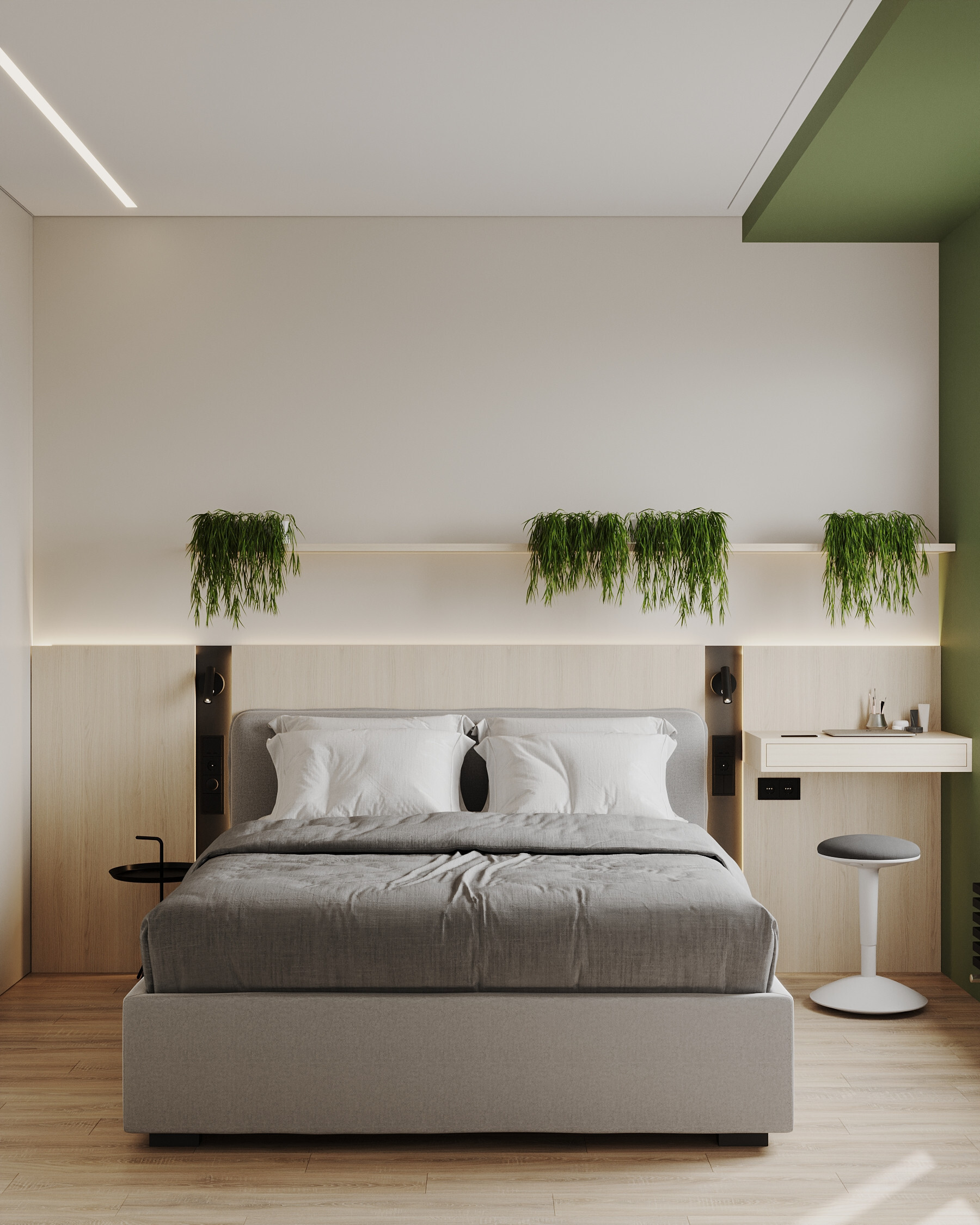Интерьер спальни с рейками с подсветкой в современном стиле