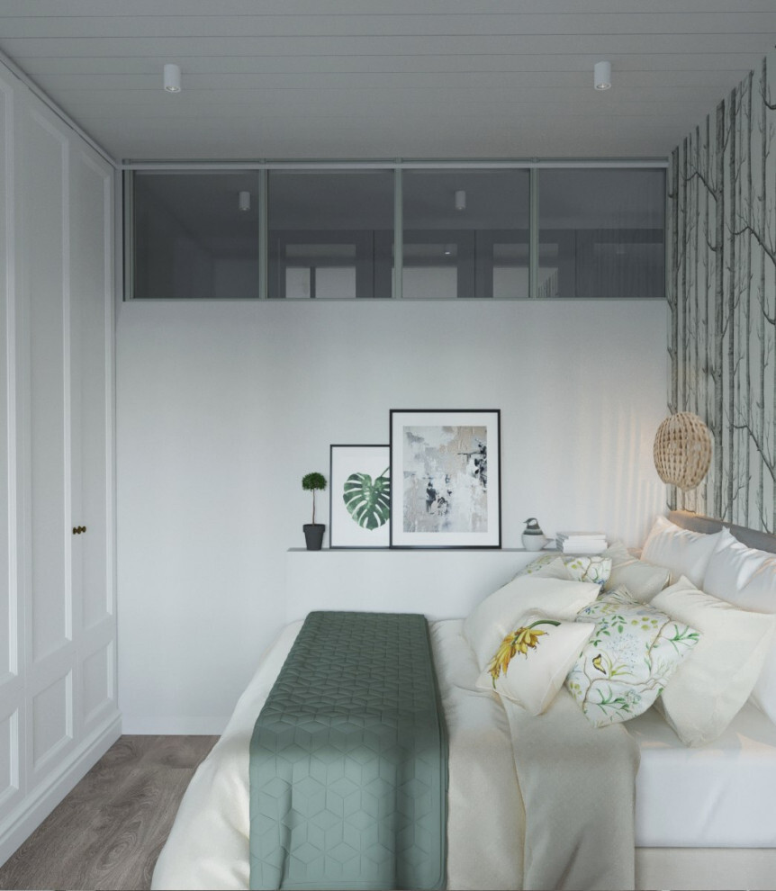 Интерьер спальни с шкафом над кроватью в скандинавском стиле