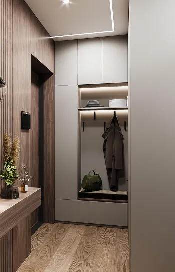 Интерьер прихожей с проходной и с подсветкой  смотреть на Basicdecor