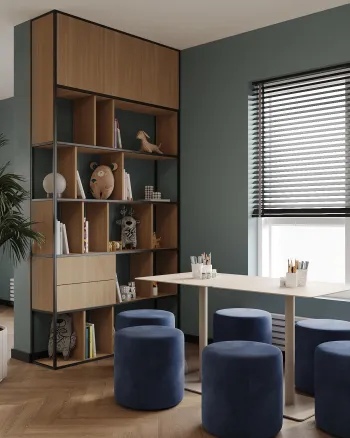 Интерьер детской с жалюзи и окном без подоконника  смотреть на Basicdecor