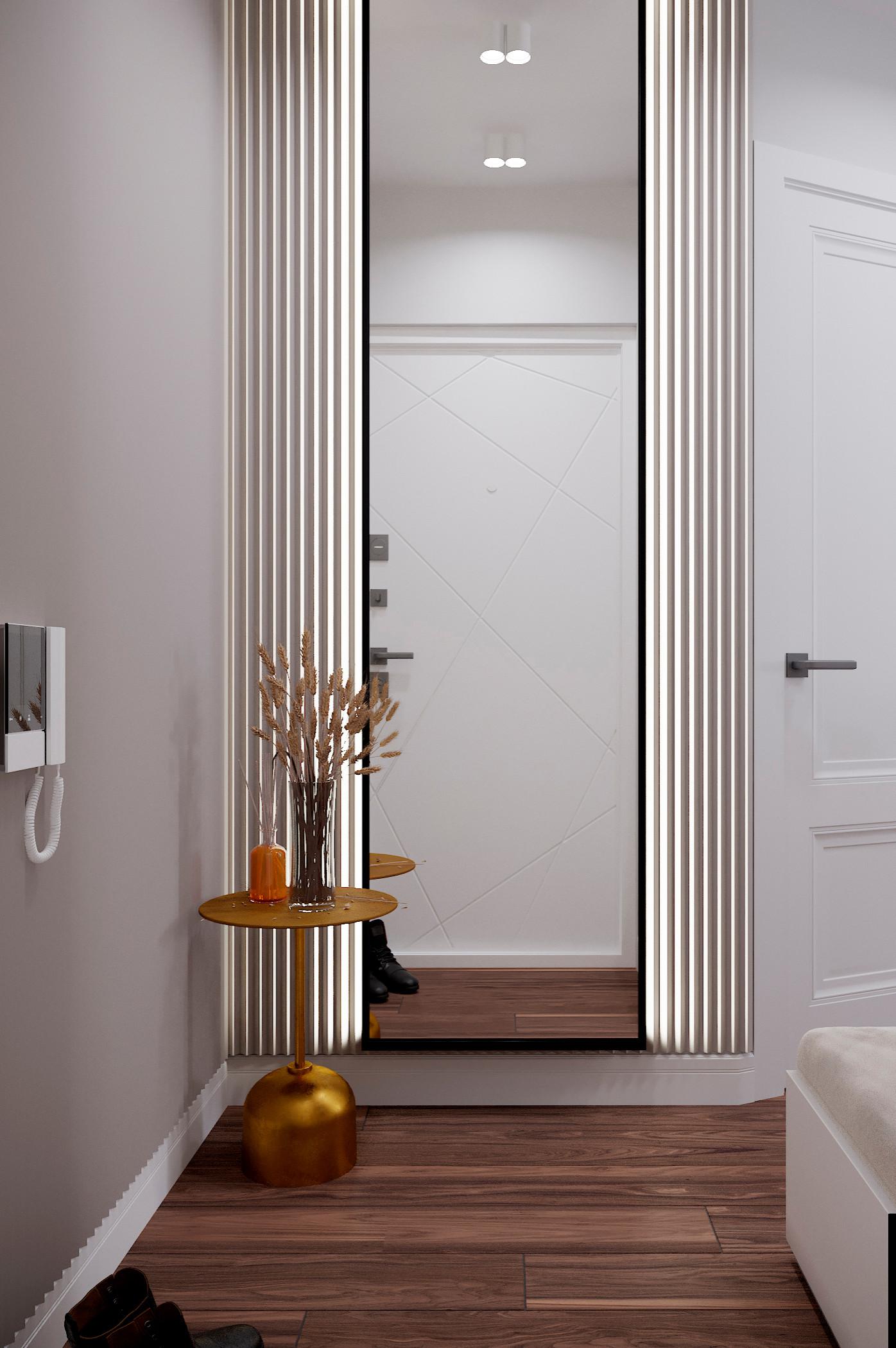 Интерьер прихожей с зеркалом на двери и рейками с подсветкой в современном стиле