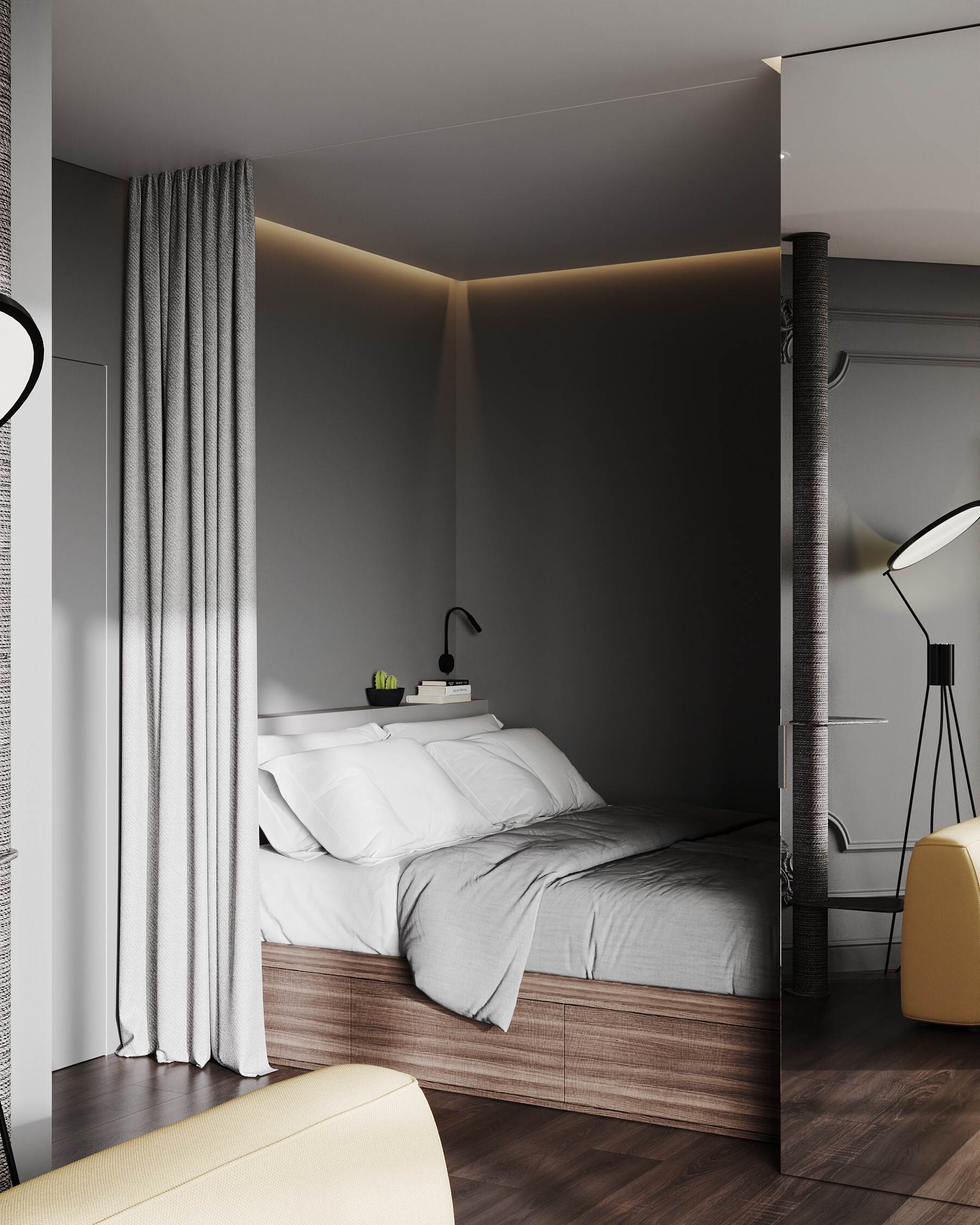 Интерьер спальни cветовыми линиями, рейками с подсветкой, подсветкой настенной, подсветкой светодиодной и светильниками над кроватью в неоклассике