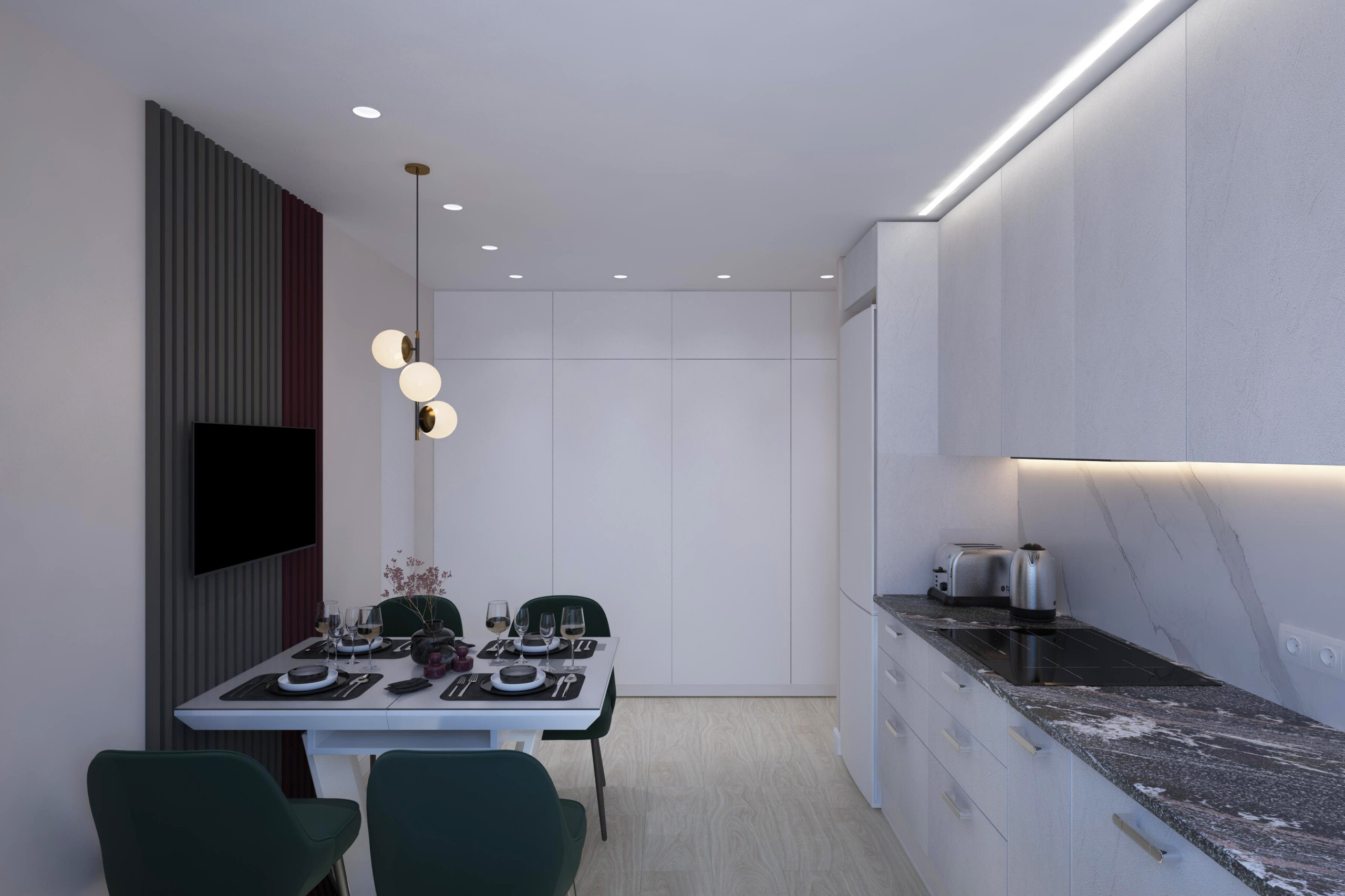 Интерьер кухни с рейками с подсветкой, подсветкой настенной, подсветкой светодиодной и с подсветкой в современном стиле